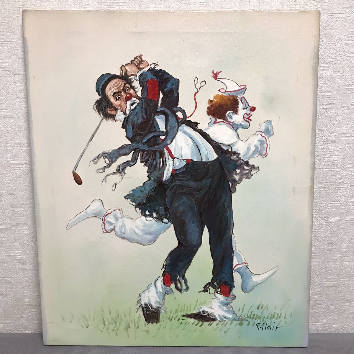 詳細不明 クラウン ピエロ ゴルフ 油絵 60.5cm×50cm / キャンバス