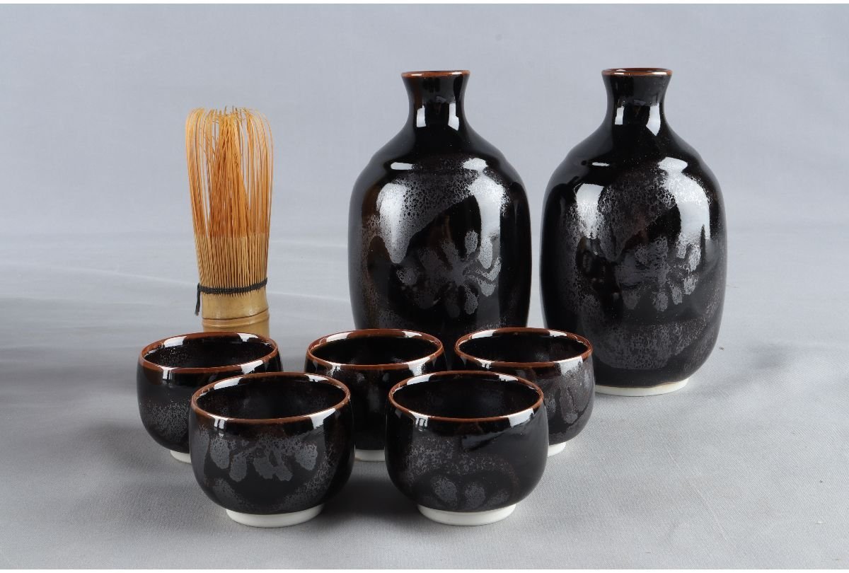 URA]日展作家/青木龍山 造/天目酒器揃/共箱/9-6-82(検)骨董/酒器 