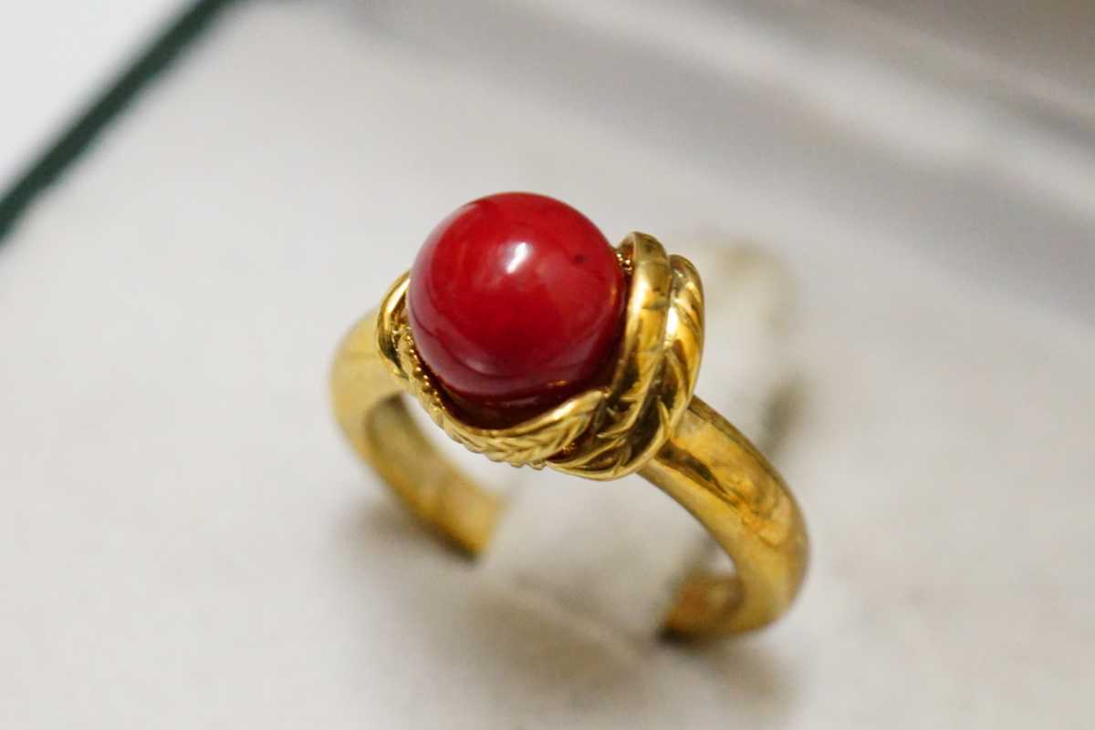 100 赤珊瑚 丸玉 リング 指輪 約11号 ヴィンテージ アクセサリー 