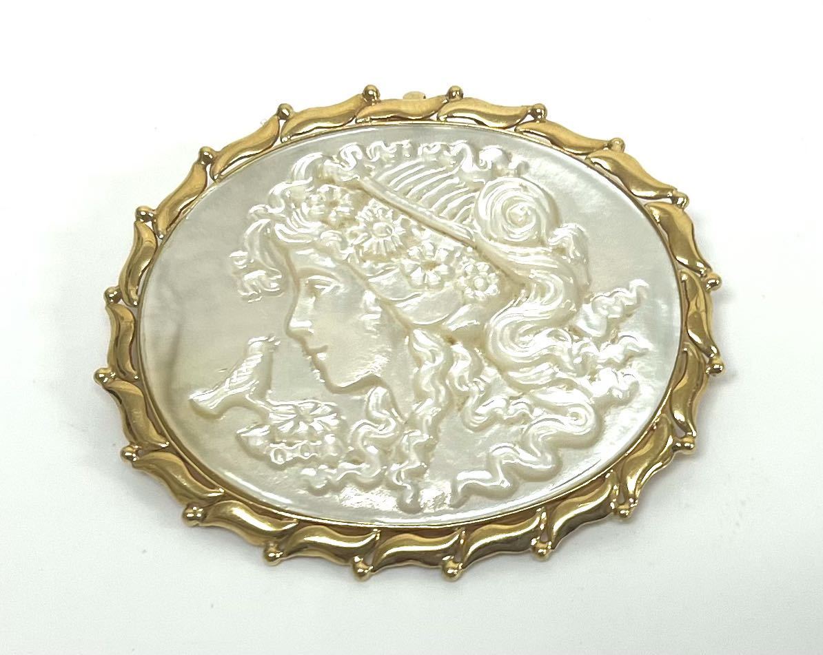 カメオ ブローチ ネックレストップ k18 枠 ホワイトシェル シェル ペンダントトップ 希少 重量約12.7g 0608②