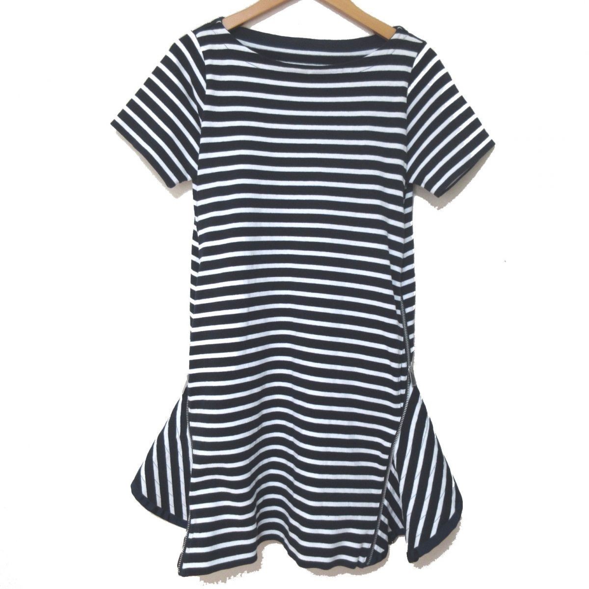 美品 2018SS sacai サカイ 半袖 ひざ上丈 ペプラムデザイン ボーダー ドレス ワンピース サイズ2 ネイビー×ホワイト 18-03699