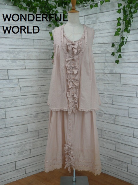 WORLD | ワールド ピンクハウス古着 専門店 lachambre&frasl;ラシャンブル ◎セットアップ WONDERFUL WORLD ワンピース ジレ M相当 レディース くすみピンク 綿 レース ワンダフルワールド カネコイサオ ■6-69y事