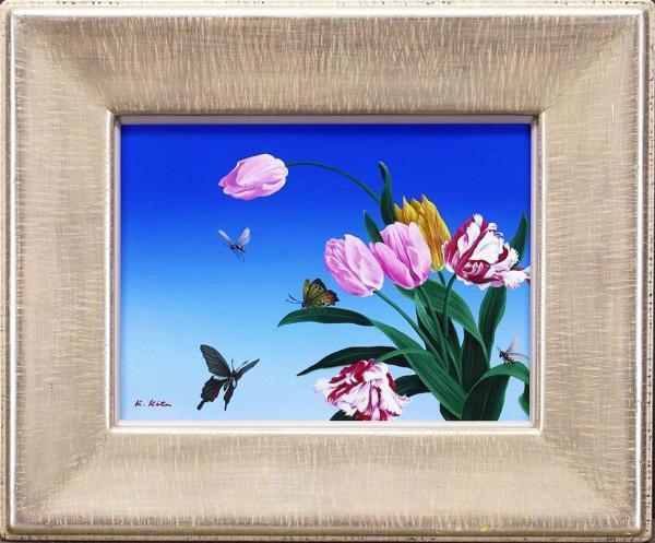 真作】【WISH】北久美子「花の宴」油彩 4号 ◇花と蝶々 〇南国花鳥画
