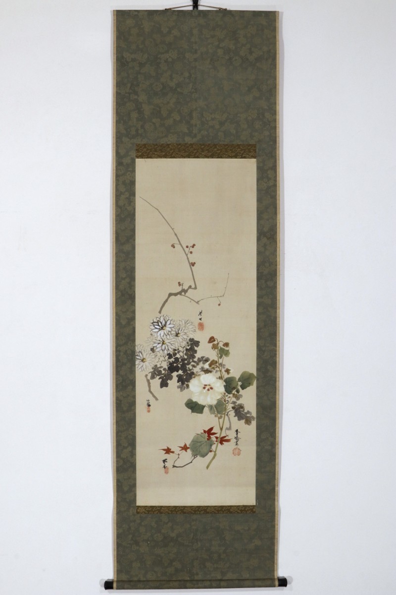 真作】掛軸「竹内栖鳳・山元春挙・菊池芳文・谷口香嶠 花卉図 合作