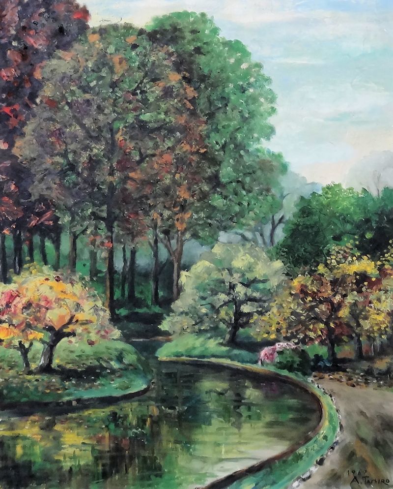 ☆真作保証【田代安政】 油彩画１５号 「秋の東大植物園」大調和会会員 元一線美術会員 都民展副会長☆_2