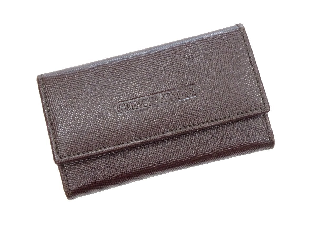 未使用GIORGIO ARMANI(ジョルジオアルマーニ) ロゴ キーケース ブラウン サフィアーノ レザー
