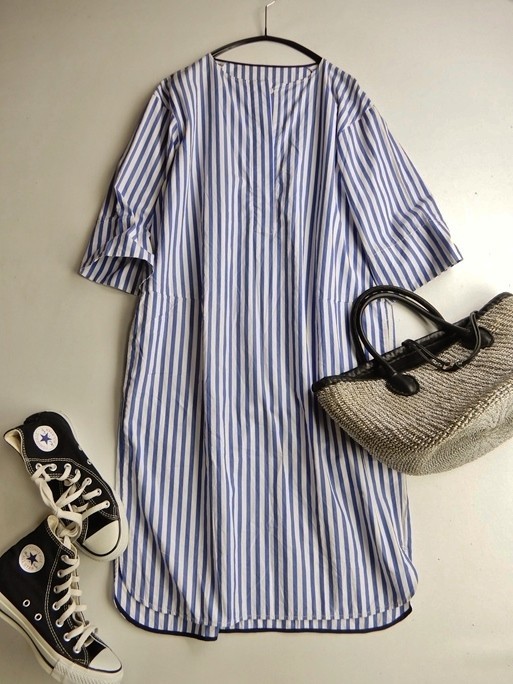 【本物保証，正規品】 タカシマヤ高島屋取り扱い ドレステリア DRESSTERIOR コットン100％大人可愛いロンドンストライプノーカラープルオーバーワンピース(Mサイズ)｜売買されたオークション情報、yahooの商品情報を Mサイズ