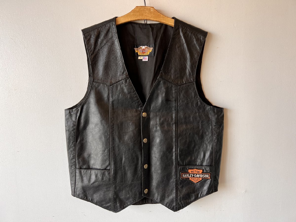 (^w^)b HARLEY DAVIDSON LEATHER BEST 80s90s USA製 ヴィンテージ 本革 レザー ベスト バイカー 黒 ブラック ライディング ジャケット