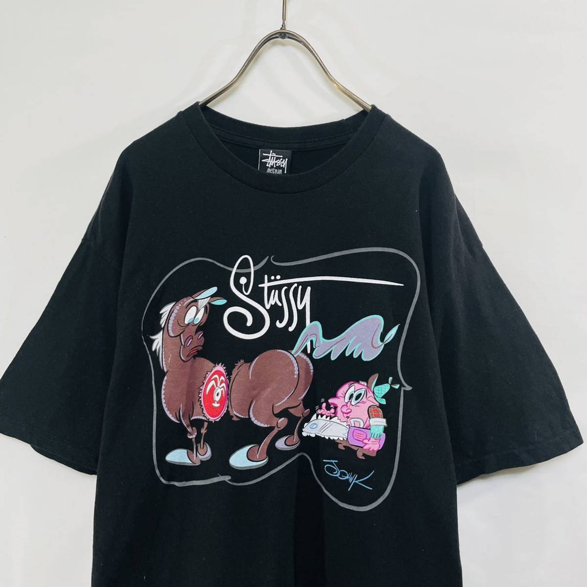 ステューシー Tシャツ 黒 フロントロゴ キャラクター M 古着 