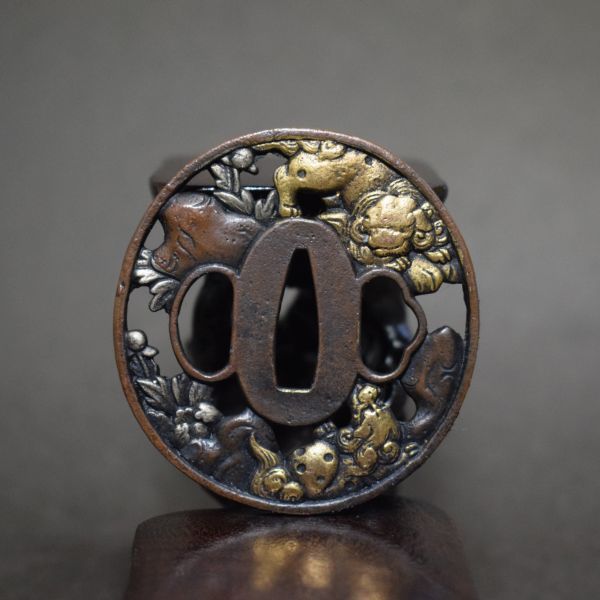 鍔 刀装具 刀鍔 全長102㎝□ 縁頭 銘 刀鍔 獅子 刀