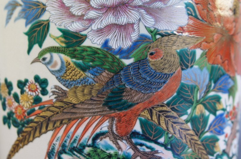 ggg199 九谷焼 山嘉堂 造 花瓶 高さ約47cm 色絵金襴手 花鳥図