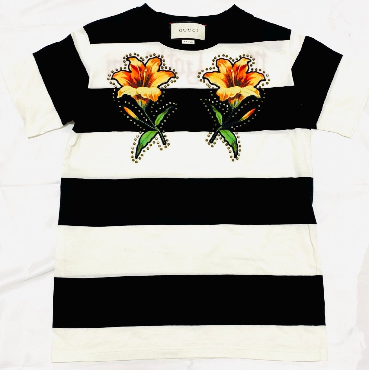 極 GUCCI グッチ Tシャツ 半袖 カットソー ボーダー ワッペン フラワー 
