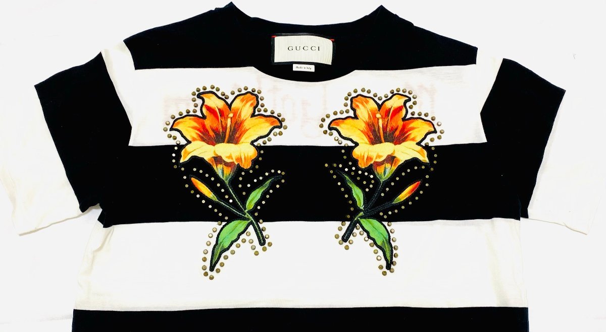 極 GUCCI グッチ Tシャツ 半袖 カットソー ボーダー ワッペン フラワー 