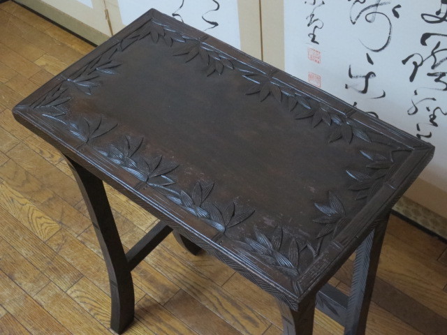 時代 軽井沢彫り【竹・笹の葉】彫刻 無垢材 3つ組 時代 ネストテーブル