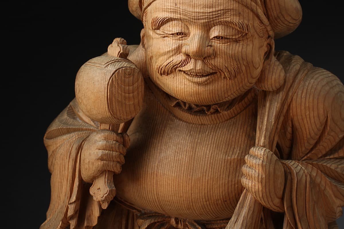 大黒様　木彫　彫刻　骨董　木製 EE964 時代物 木彫大黒天像 高32.8cm 重1.9kg 木箱附・木彫二