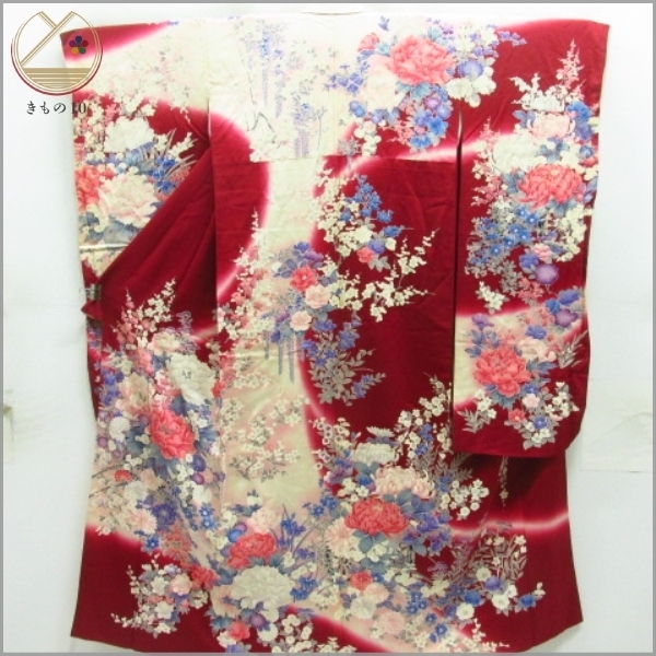 ☆着物10☆ 1円 絹 振袖 刺繍 菊 牡丹 クレマチス 鉄仙 菖蒲 花園 袷