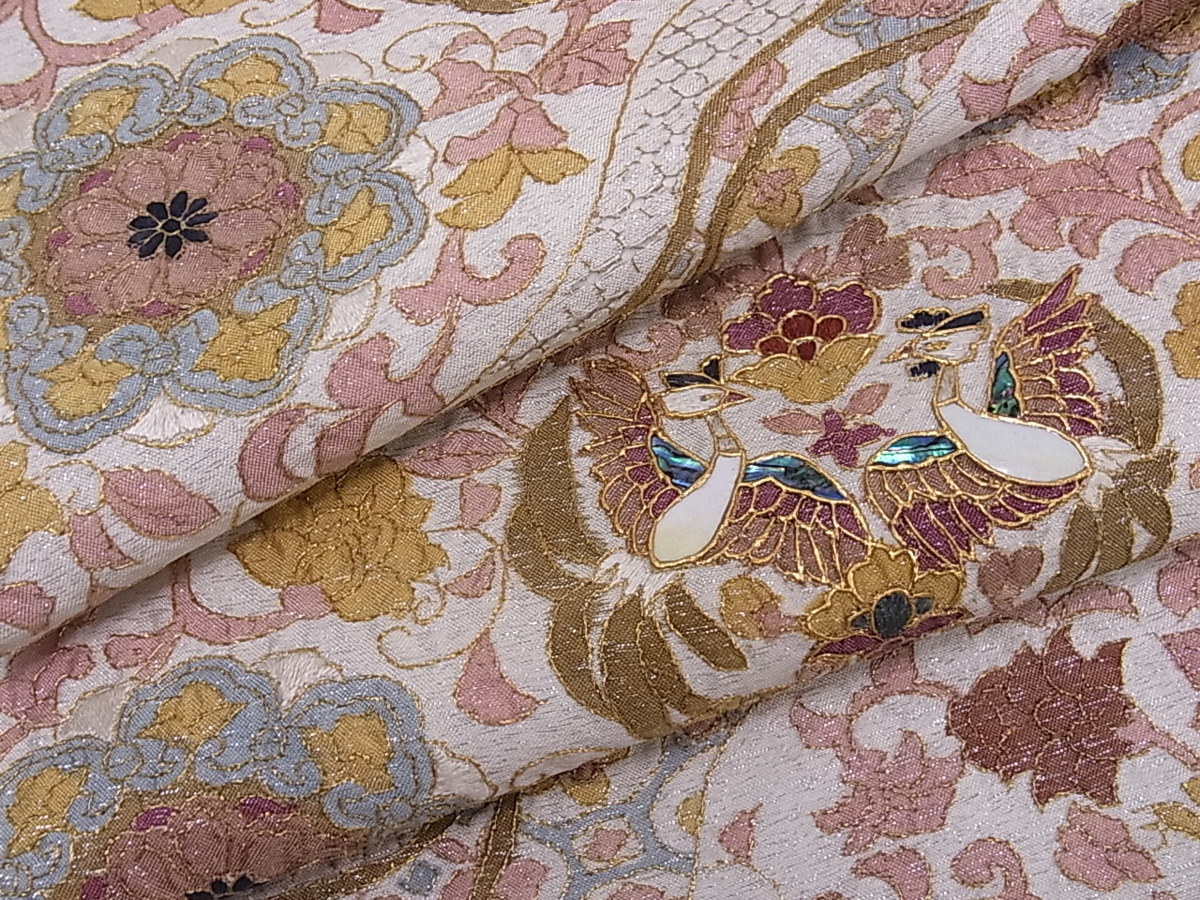 平和屋着物□六通柄袋帯 スワトウ刺繍 螺鈿 道長正倉院花鳥文 金糸  