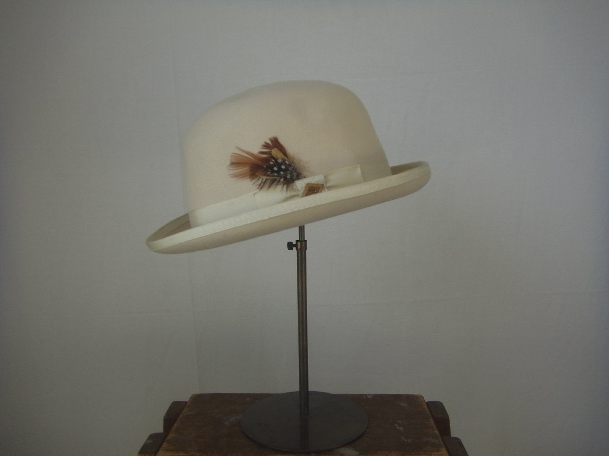 ビンテージ STACY ADAMS ステイシーアダムス ウール フェルト ボーラーハット 山高 帽子 アメリカ製 USA XL クリーム ホワイト ドレス 紳士