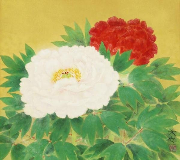 真作 WISH 後藤芳世 牡丹 日本画 掛軸 共箱 紅白 優美花図 〇日本美術
