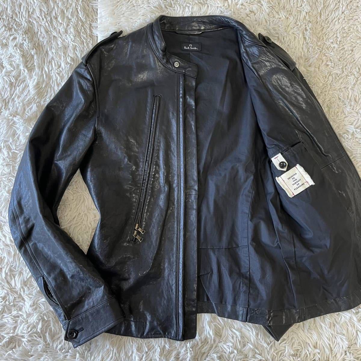 限定セール，人気セール ポールスミス 圧倒的存在感 PS Paul Smith シングルライダースジャケット ノーカラー 羊革 本革 ラムレザー 黒 ブラック M 着心地(Mサイズ)｜売買されたオークション情報、yahooの商品情報をアー ジャンパー、ブルゾン一般