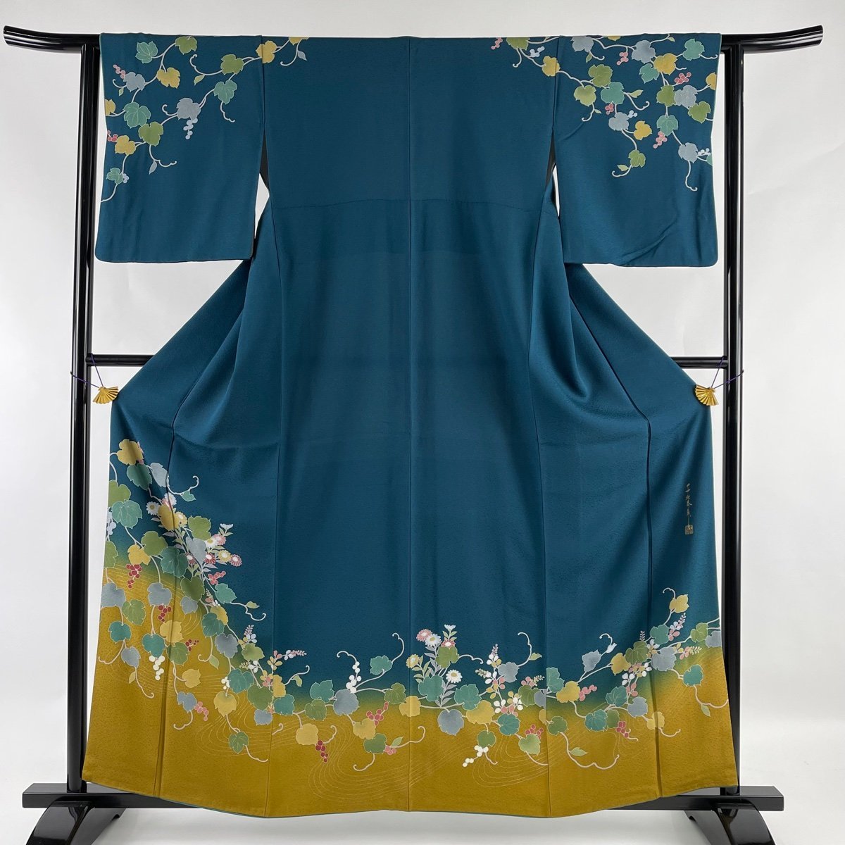 競ナビ】訪問着 美品 名品 千地泰弘 落款 草花 葉と実 金彩 ぼかし 青
