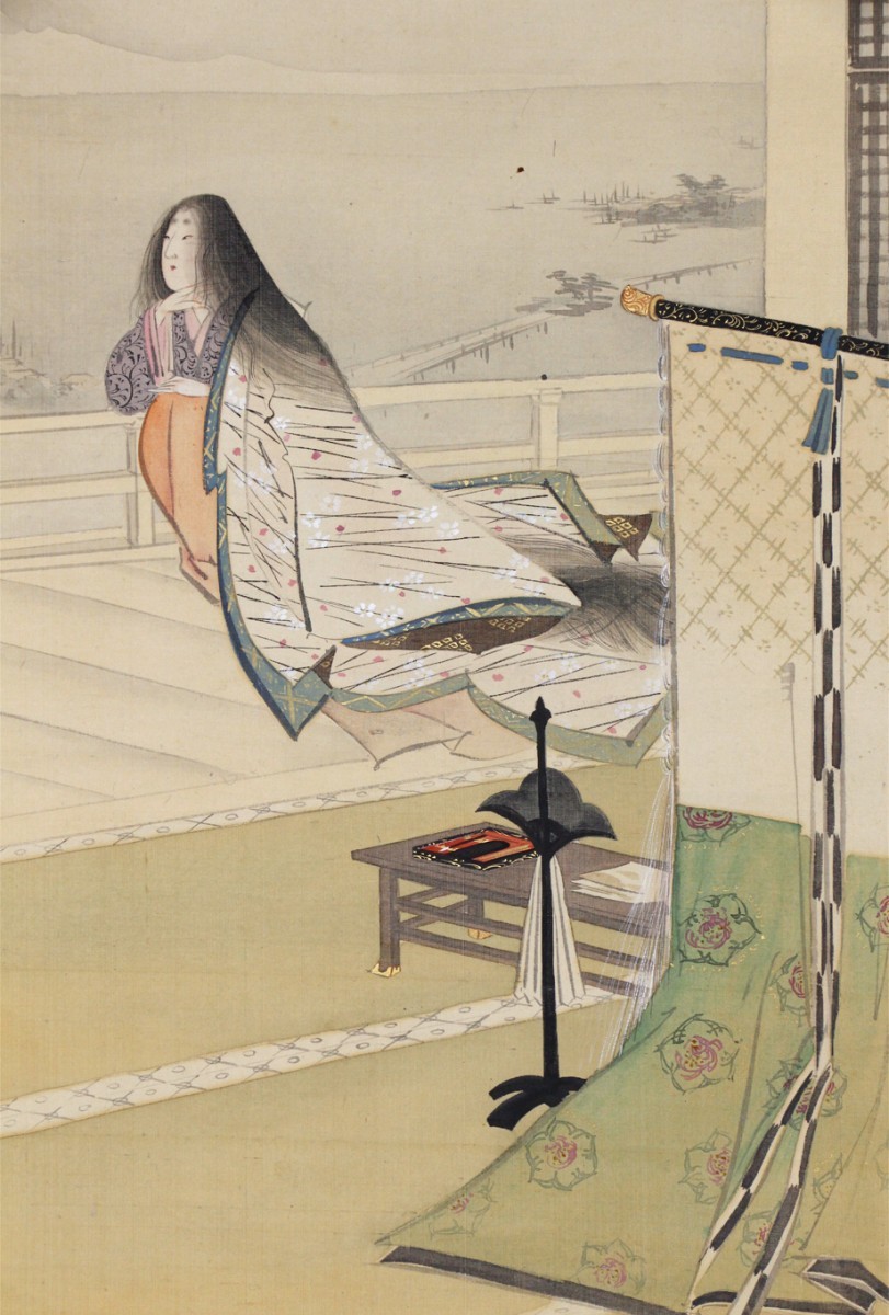 真作 実弟浦田広香箱書】掛軸「高橋広湖 紫式部之図」明治時代 雲谷派