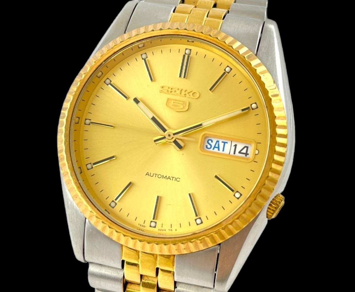 SEIKO 5 自動巻き 7S26-0500 ゴールド デイデイト 裏スケ M1☆稼働☆ SEIKO/セイコー 5 ファイブ 裏スケ デイデイト【7S26-0500