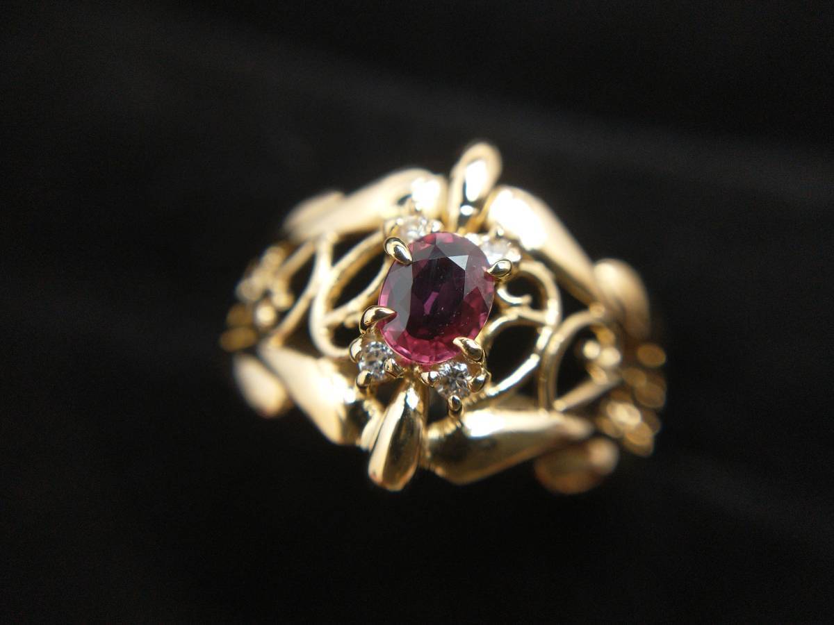 新品仕上済み 赤石 0.27ct ダイヤ 0.04ct デザイン リング K18 10号 3.0g