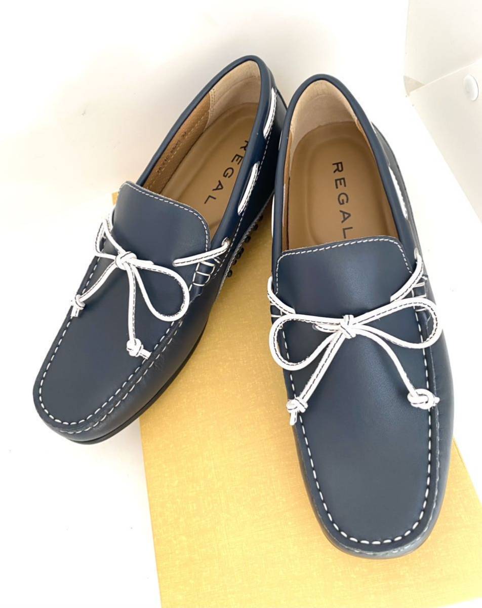 リーガル 新品 24㎝ デッキ シューズ ネイビー 紺 メンズ 革靴 レザー 未使用 送料無料REGALカジュアル ドライビング ローファースリッポン