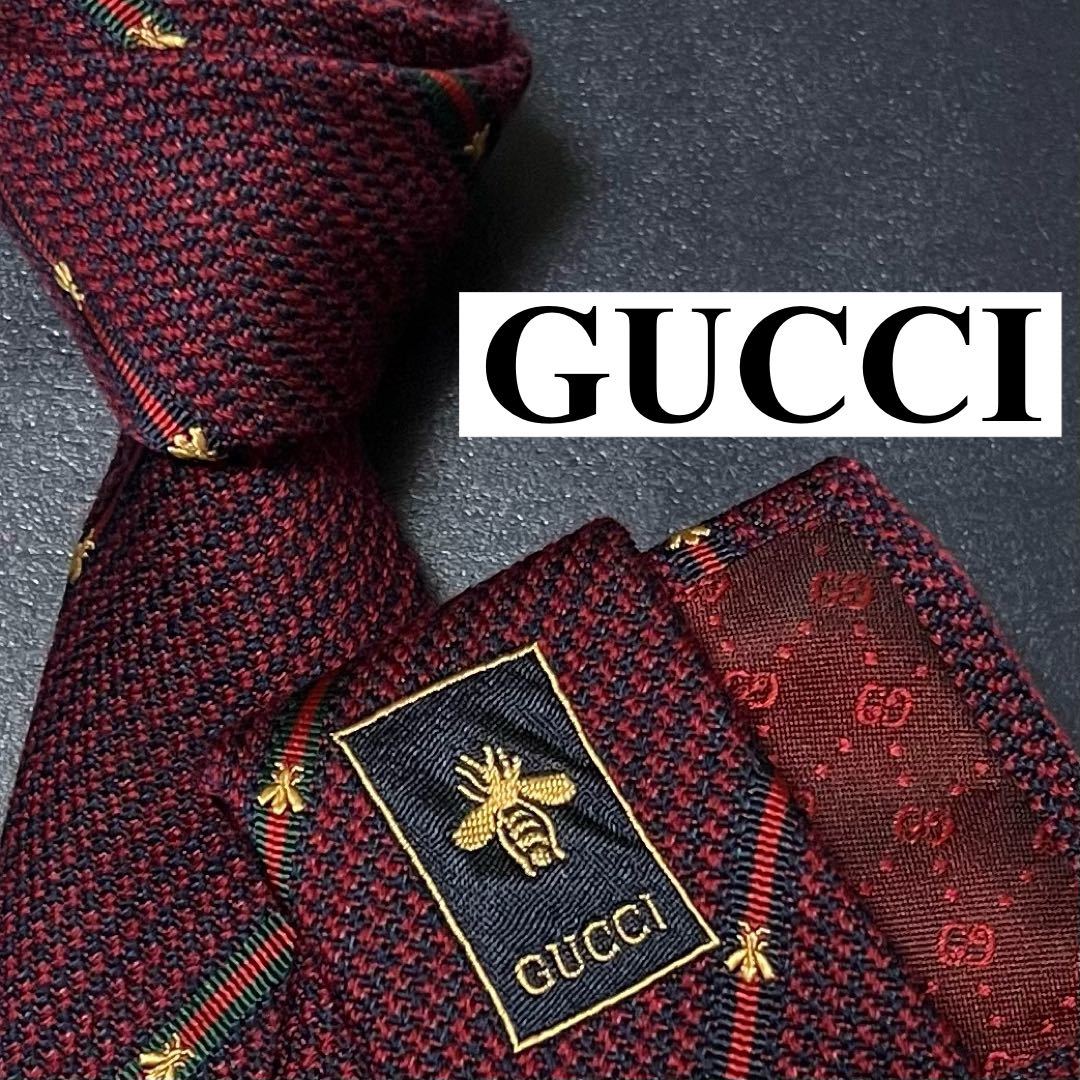 ✨極美品 現行✨ GUCCI ネクタイ 赤紺 GG柄 インターロッキング 蜂 超