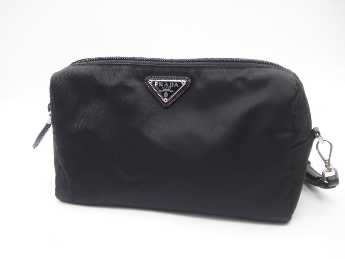 □【美品】PRADA プラダ ストラップ付き ナイロン ポーチ 1NE693 黒 