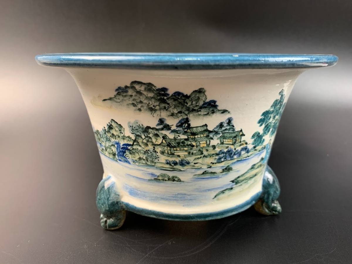結】植木鉢 蘭鉢 盆栽鉢 細密 陶翠筆 陶翠園造 在銘 色絵 山水図 三つ