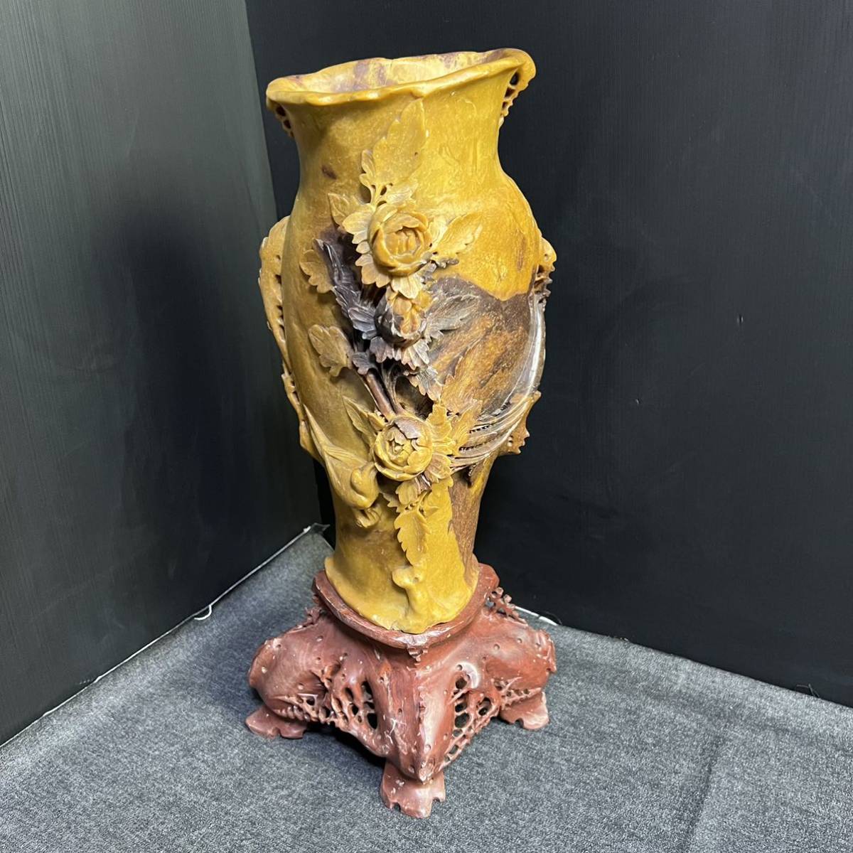 高さ49cm 寿山石 花入 古玩 中国美術 石彫 鑑賞石 置物 オブジェ 細密 
