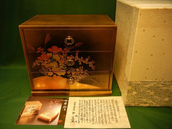 未使用品 会津塗 小引き出し 梨地 花鳥 蒔絵 ○ 引出し 漆芸 金 伝統