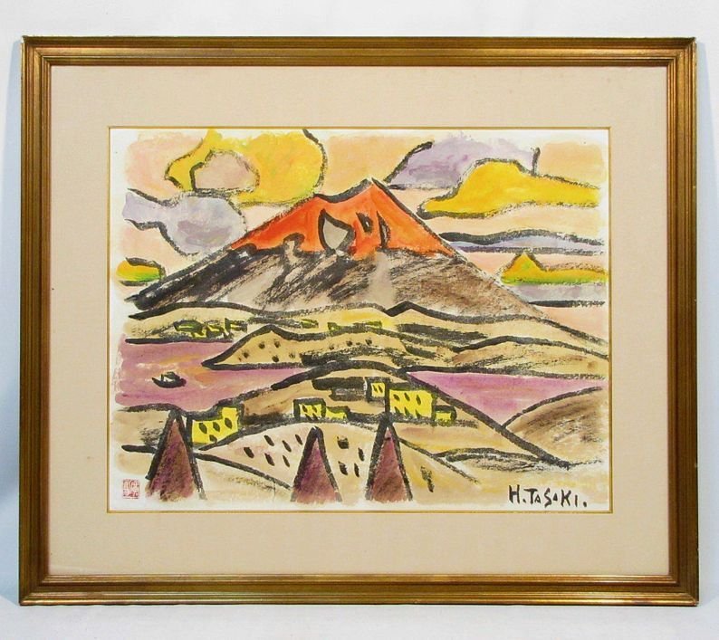 田崎広助 「朱富士」 額装10号大 富嶽の雄姿を、朗朗とカラフルに