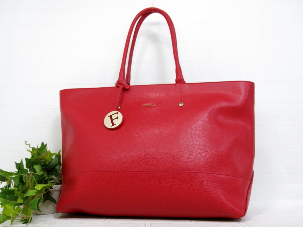 FURLA フルラ◇サフィアーノ 本革◇トート バッグ◇レッド ゴールド 