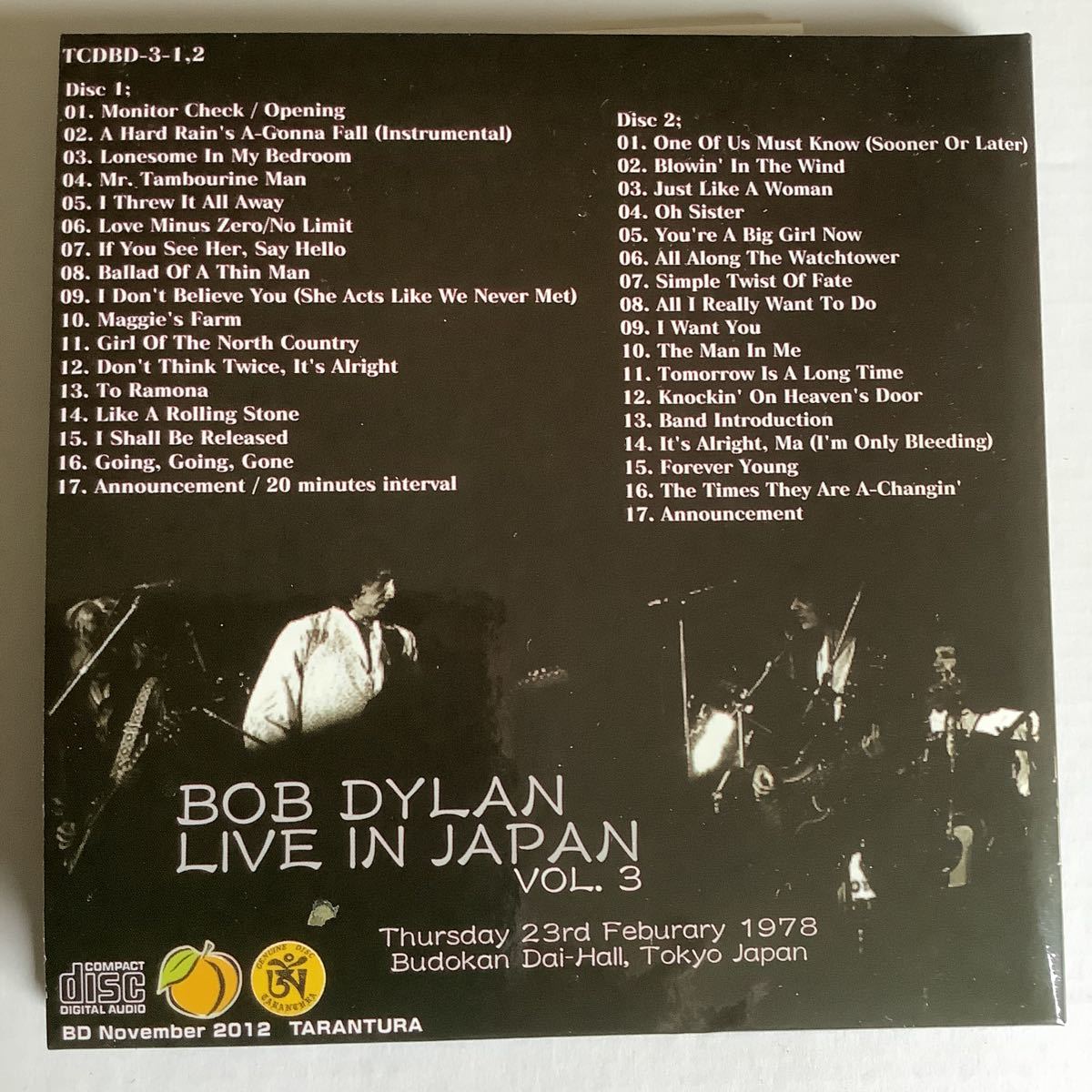 Dylan Bob - Live 廃盤TARANTURA⁄BOB IN JAPAN-VOL.3⁄2CD Paper sleeve