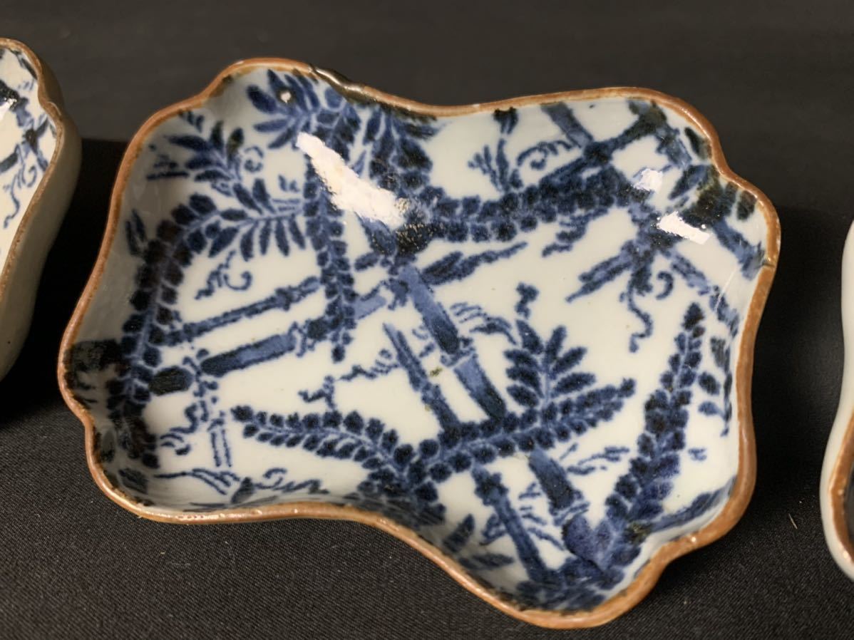 古伊万里 こんにゃく印判 藤の花文 変形皿 豆皿 3客 江戸中期(染付