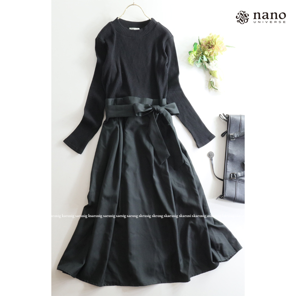 ナノユニバース nano・universe ★リブニットトップス＆ギャザーふんわりスカート切替えドッキングワンピース ブラック