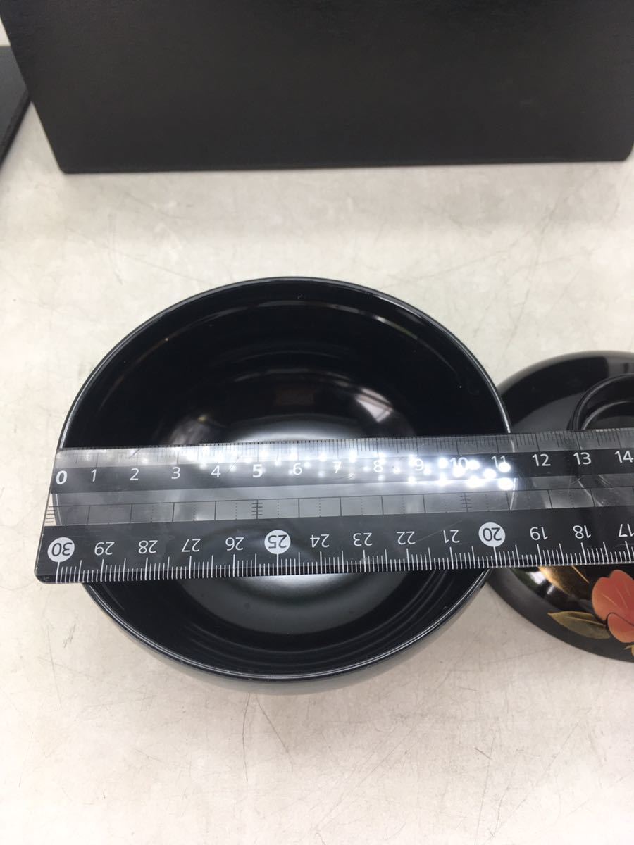1円スタート】会津塗 吸物椀 5客揃 蓋付き 木樹 御殿 黒 山茶花 木箱