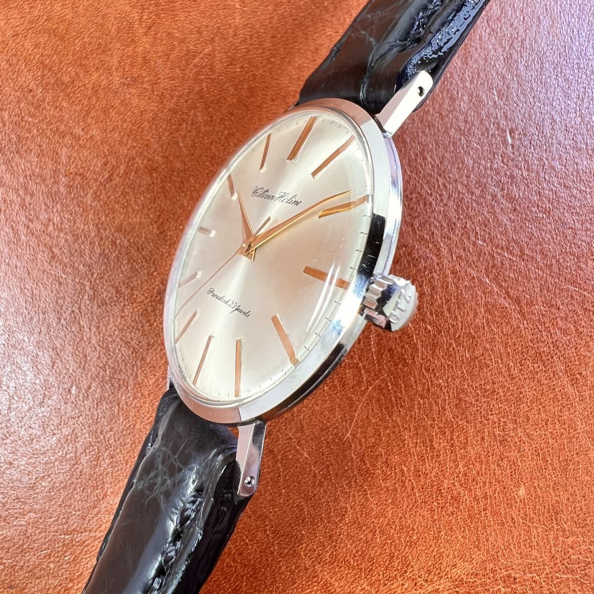 OH済! 極上美品! CITIZEN Hi-Line 23石 クロコダイル本革 手縫いベルト 