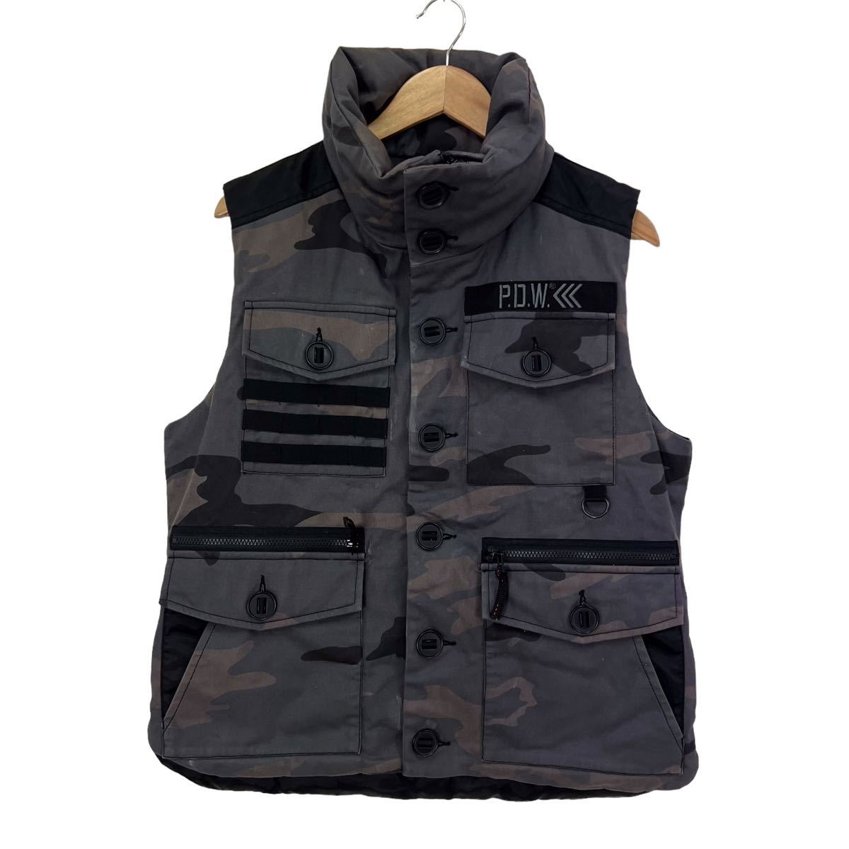 D387 AVIREX アヴィレックス P.D.W. ノースリーブ ダウンベスト ダウン80% フェザー20% トップス 羽織り 上着 グレー系 総柄 メンズ L