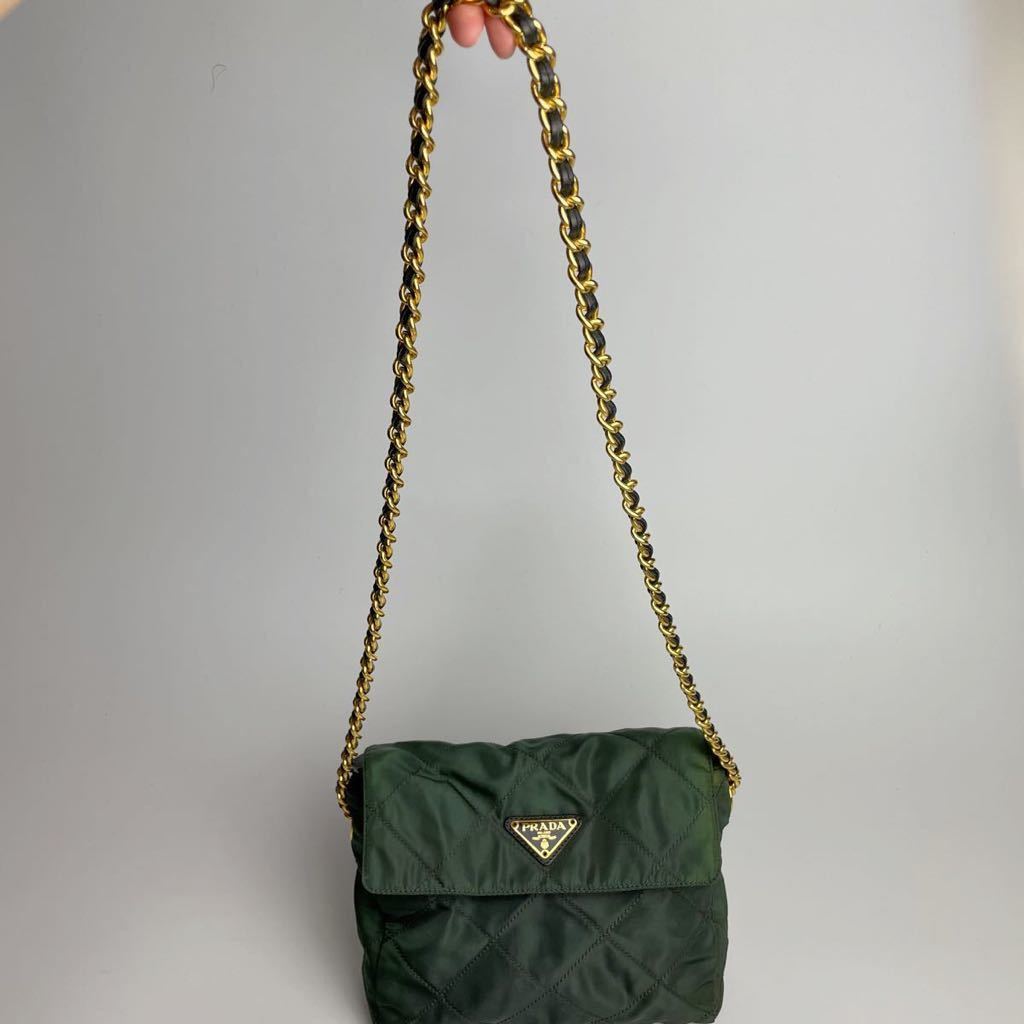 1円 PRADA プラダ 希少 カラー グリーン カーキ ゴールド金具 三角