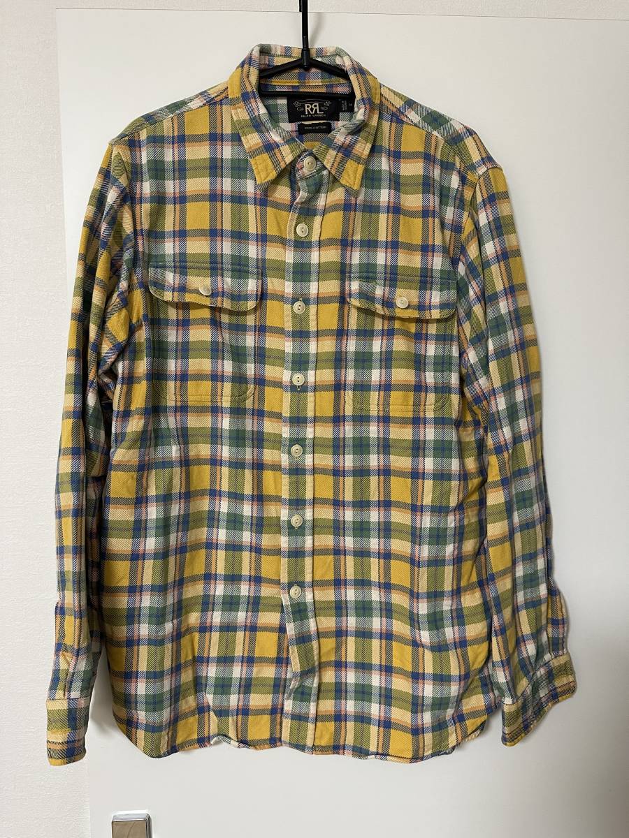 RRL ダブルアールエル ラルフローレン チェック Mサイズ チェック柄 チェックシャツ イエロー DOUBLE オンブレチェックシャツ ネルシャツ M RL コットン チェックワークシャツ Lauren