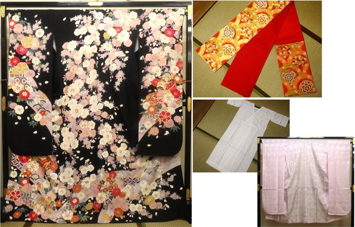  豪華4点セット 黒振袖 袋帯 長襦袢 肌襦袢 金ラメ金駒刺繍 桜梅菊牡丹 大きめ約172cm 絢爛 薫風青海華文 m898(振袖)｜売買されたオークション情報、yahooの商品情報をアーカイブ公開 - オークフ 振袖