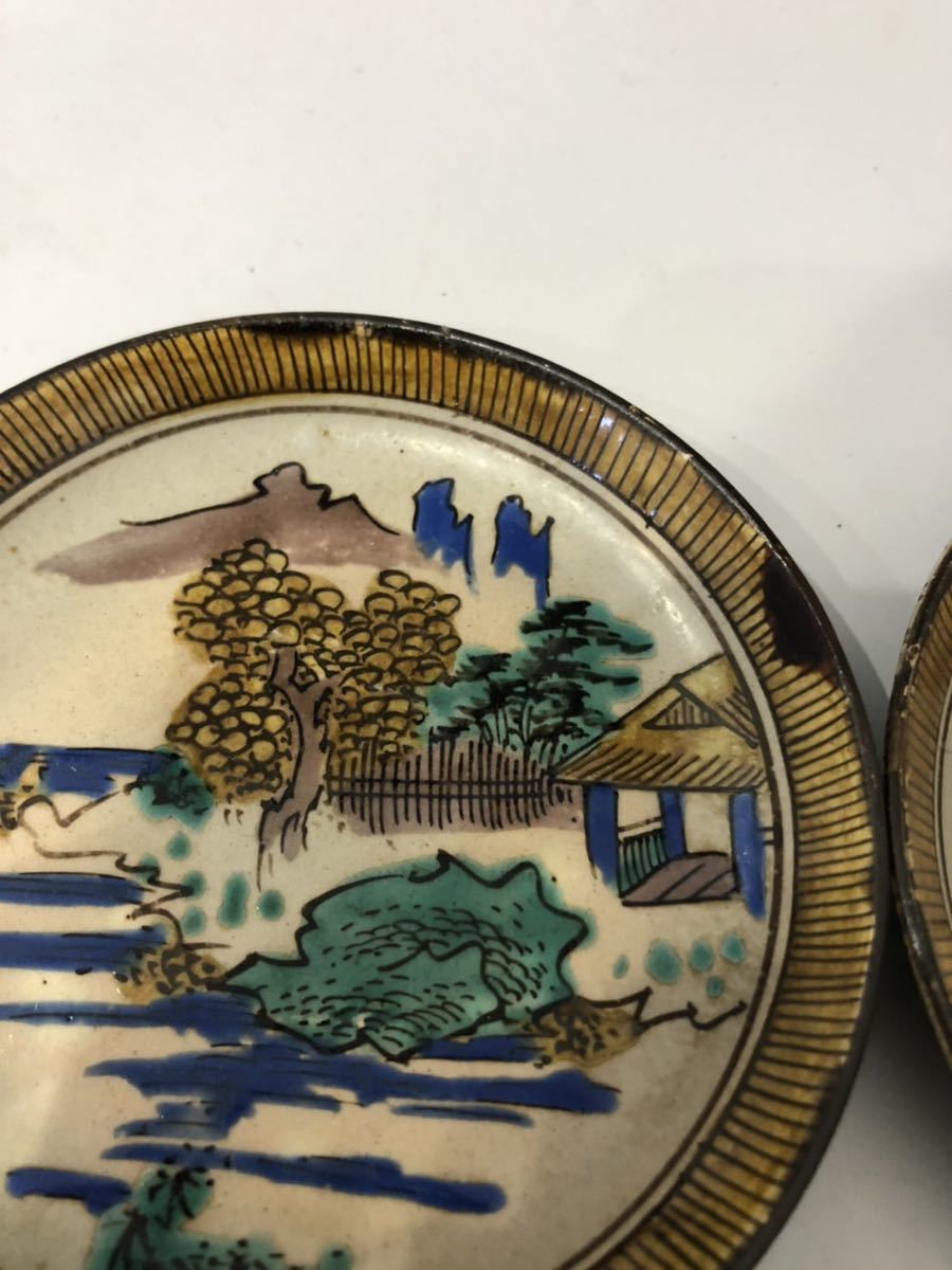 幕末期〜明治初期 再興九谷 青手九谷松山窯山水風景図小皿