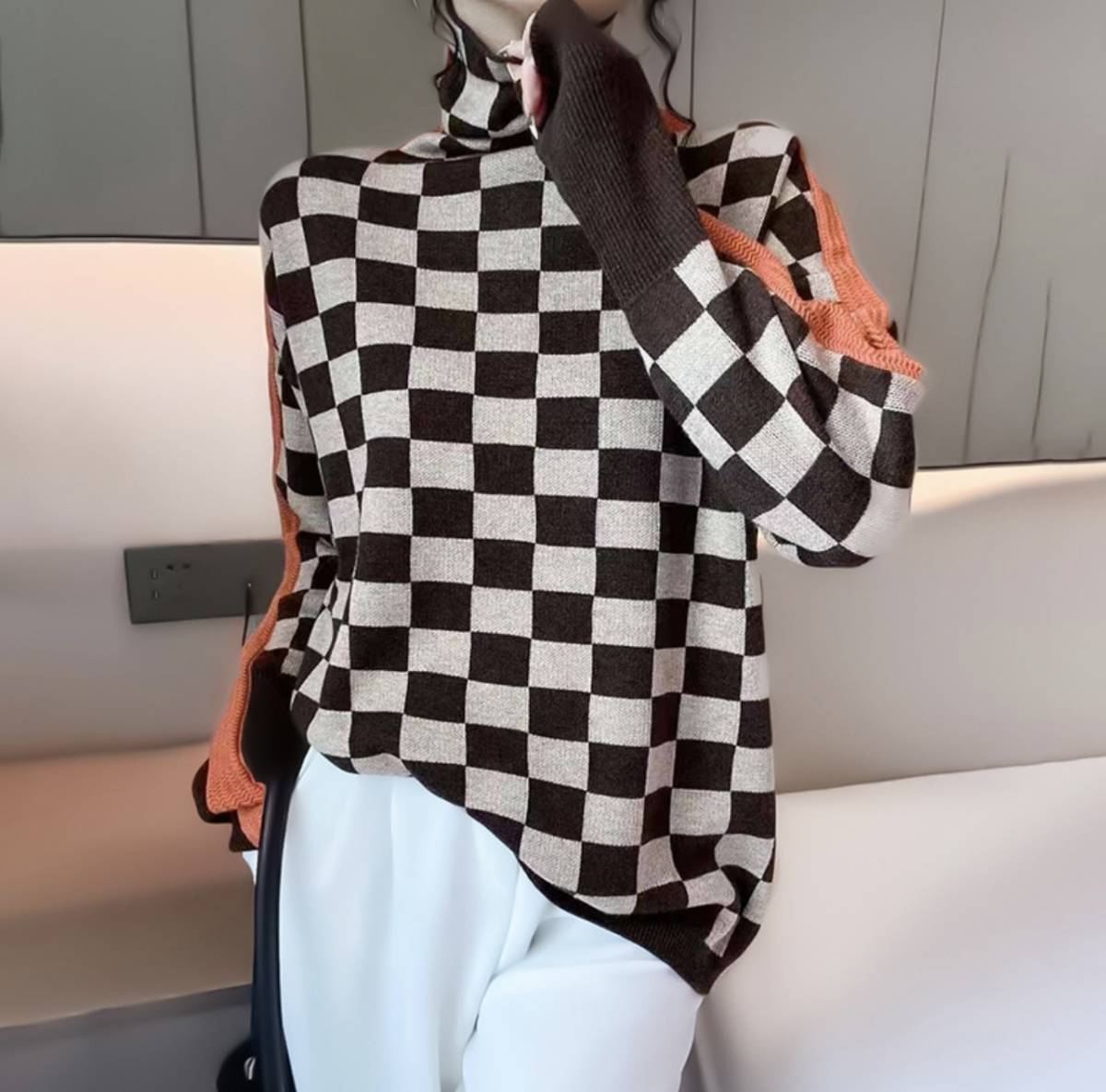 2022年　新品☆高品質☆しっとり柔らかい♪着心地　お洒落感　ニットセーターフリー　市松柄　茶色 