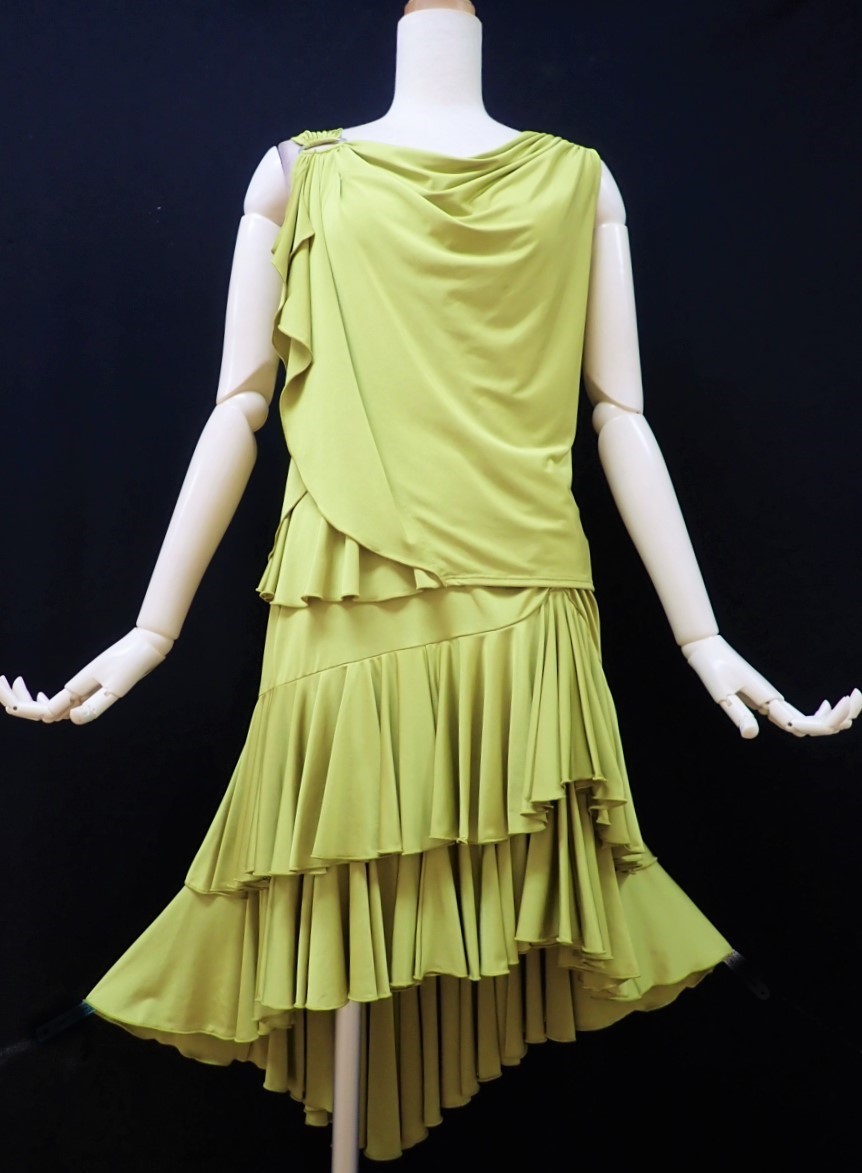 ⑨22K05即決/新品未使用【CHACOTT DS チャコット】☆ML対応☆抹茶色/ドレープ/微光沢/ノースリーブ/ラテン/ドレス/社交ダンス/2ピース