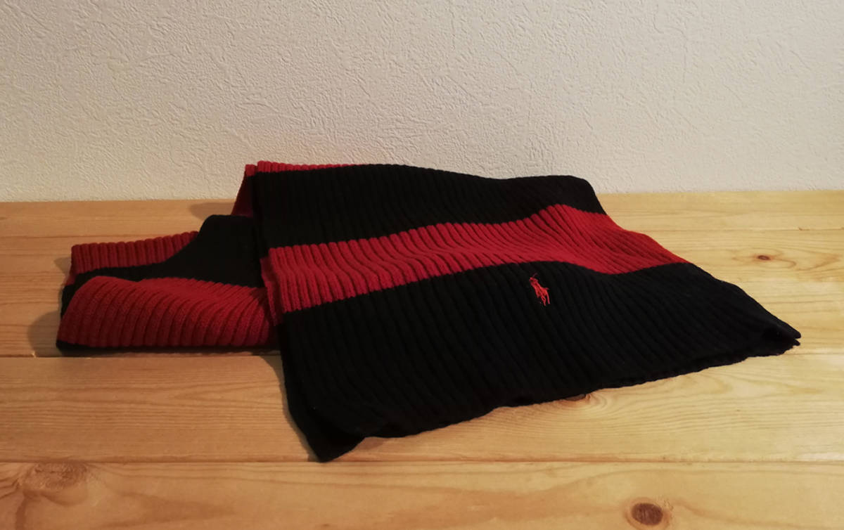 【未使用】RALPH LAUREN マフラー LambsWool 赤×黒ボーダー ストール★