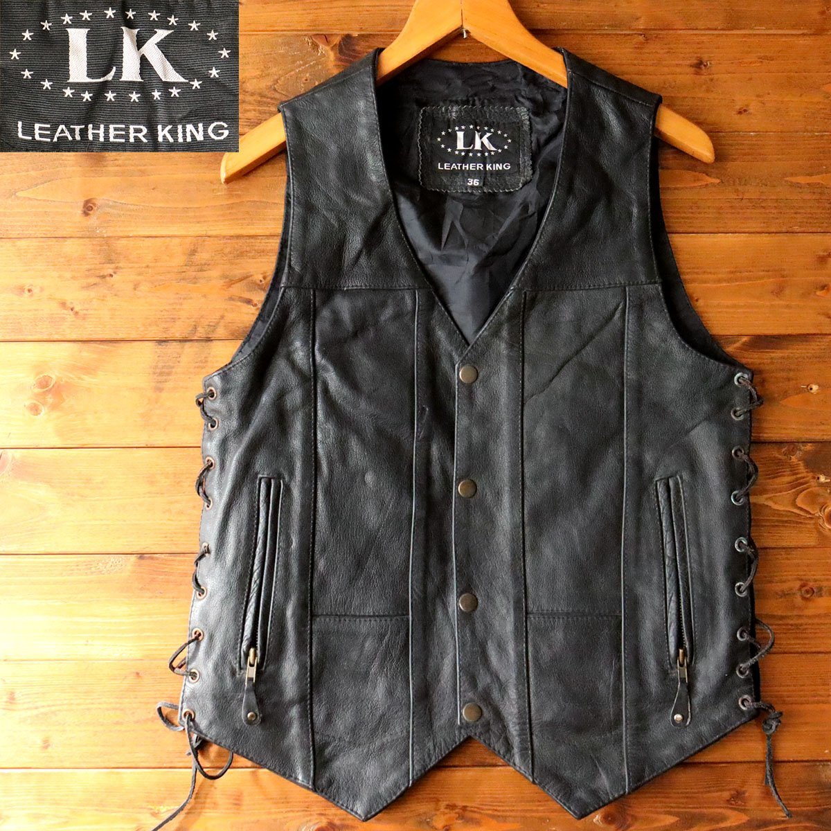 △4/s10.29-7 LEATHER KING レザーベスト メンズ サイズ36 黒 ブラック 